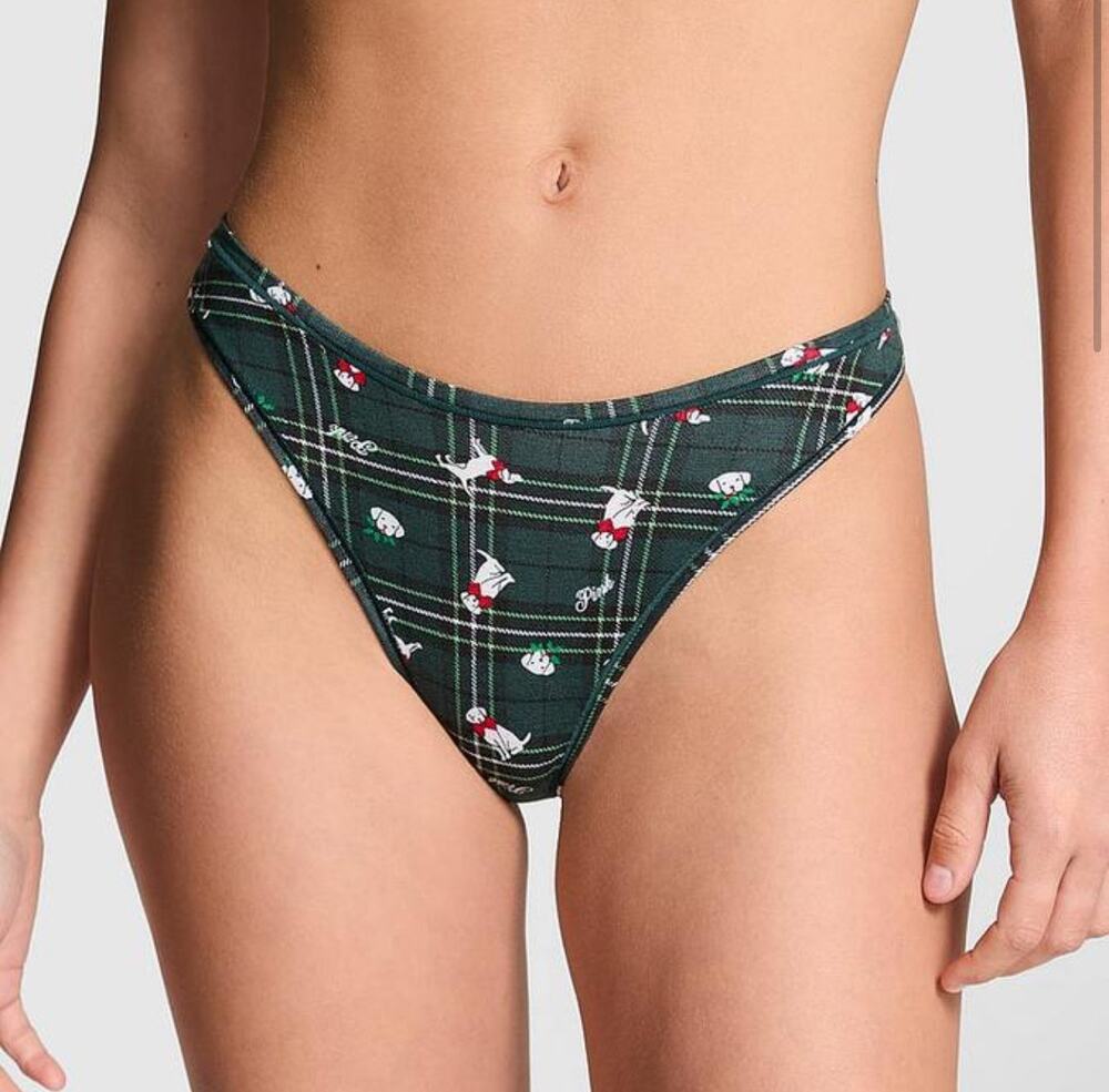 Victoria's Secret Deep Forest Green Plaid Dog Print COTTON HIGH-LEG THONG PANTY